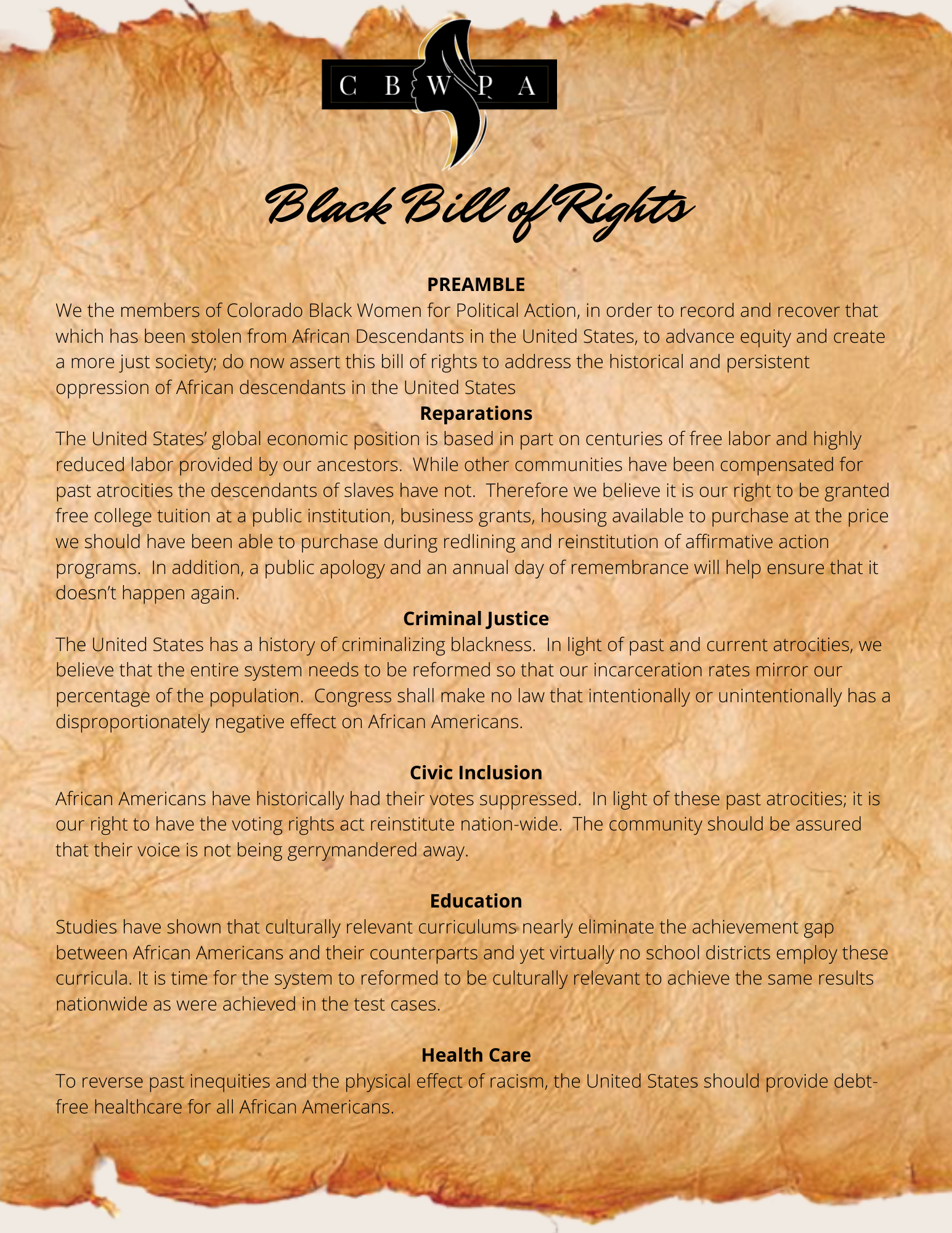 CBWPA's Black Bill of Rights
